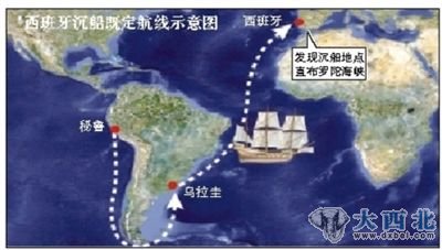 西班牙沉船既定航线示意图 西班牙沉船既定航线示意图